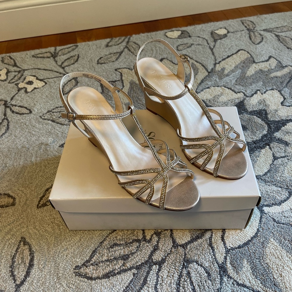 David's Bridal Cream and Silver Heels with Elegant Straps